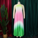 Plus Size Hang Neck Loose Gradient Color Pleated Maxi Dress GCZF-8583