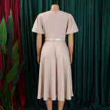 Plus Size Short Sleeve Bubble Sleeve Midi Dress GCZF-8601