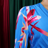 Plus Size V Neck Long Sleeve Pleated Long Dress GCZF-8582