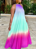Plus Size Hang Neck Loose Gradient Color Pleated Maxi Dress GCZF-8583