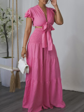 Plus Size Short Sleeve Tie Two Piece Pants Set GCZF-8586