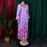 Plus Size V Neck Long Sleeve Pleated Long Dress GCZF-8582