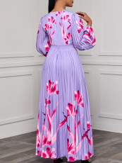 Plus Size V Neck Long Sleeve Pleated Long Dress GCZF-8582