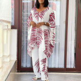 Plus Size V Neck Loose Print Two Piece Pants Set GCZF-8584