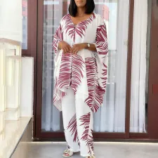 Plus Size V Neck Loose Print Two Piece Pants Set GCZF-8584