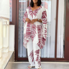 Plus Size V Neck Loose Print Two Piece Pants Set GCZF-8584