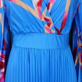Plus Size V Neck Long Sleeve Pleated Long Dress GCZF-8582