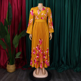 Plus Size V Neck Long Sleeve Pleated Long Dress GCZF-8582