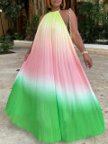 Plus Size Hang Neck Loose Gradient Color Pleated Maxi Dress GCZF-8583