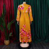 Plus Size V Neck Long Sleeve Pleated Long Dress GCZF-8582