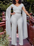 Plus Size V-neck Top Wide Leg Pants 2 Piece Set GCZF-8561