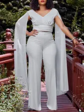 Plus Size V-neck Top Wide Leg Pants 2 Piece Set GCZF-8561