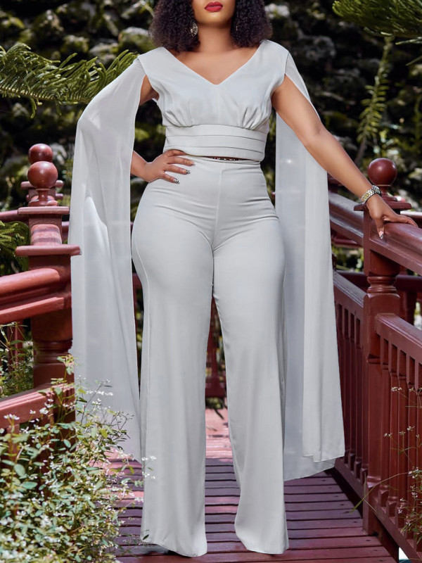 Plus Size V-neck Top Wide Leg Pants 2 Piece Set GCZF-8561