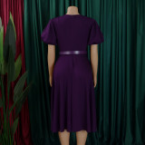 Plus Size Short Sleeve Bubble Sleeve Midi Dress GCZF-8601