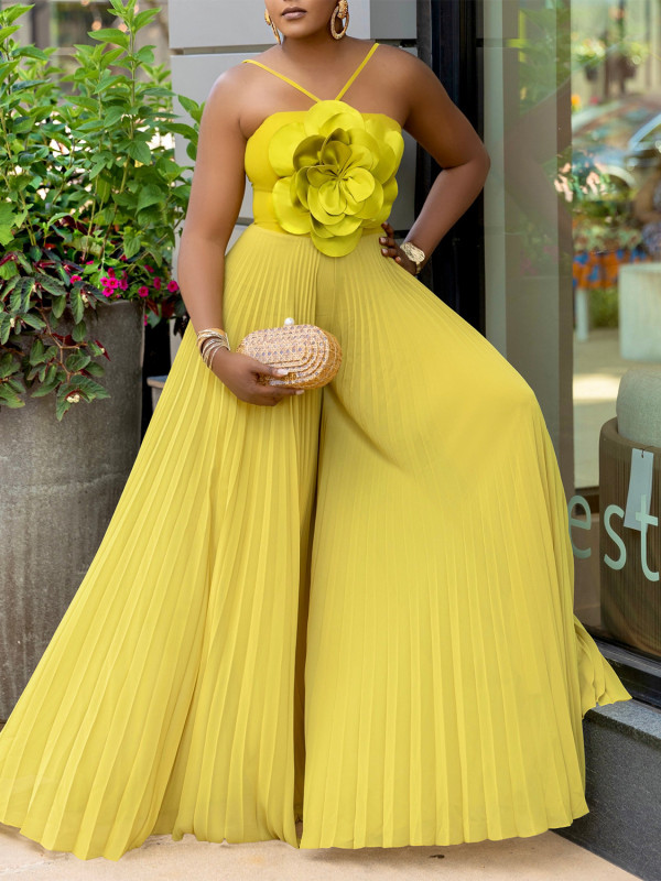 Plus Size Solid Flower Halter Loose Jumpsuit GCZF-8602