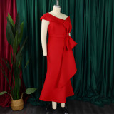 Plus Size Slash Neck Solid Color Evening Dress GCZF-8577