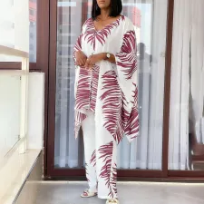 Plus Size V Neck Loose Print Two Piece Pants Set GCZF-8584