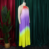 Plus Size Hang Neck Loose Gradient Color Pleated Maxi Dress GCZF-8583
