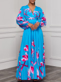 Plus Size V Neck Long Sleeve Pleated Long Dress GCZF-8582