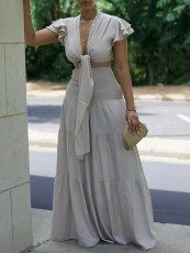 Plus Size Short Sleeve Tie Two Piece Pants Set GCZF-8586