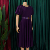 Plus Size Short Sleeve Bubble Sleeve Midi Dress GCZF-8601