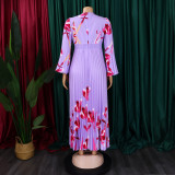 Plus Size V Neck Long Sleeve Pleated Long Dress GCZF-8582