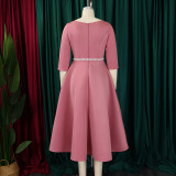 Plus Size Solid Color Half Sleeve Midi Dress(With Belt) GCZF-8600