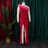 Plus Size Feather Patchwork Sequin Maxi Dress GCZF-8591