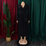 Plus Size V Neck Solid Color Belt Maxi Dress GCZF-8557