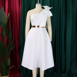 Plus Size Solid Color Slash Shoulder Midi Dress(Without Belt) GCZF-8607