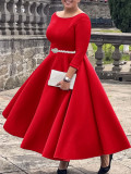 Plus Size Solid Color Half Sleeve Midi Dress(With Belt) GCZF-8600