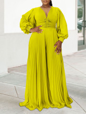 Plus Size Long Sleeve Wide Leg Pressed Pleat Jumpsuit GCZF-8603
