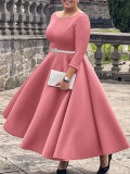 Plus Size Solid Color Half Sleeve Midi Dress(With Belt) GCZF-8600