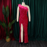 Plus Size Feather Patchwork Sequin Maxi Dress GCZF-8591