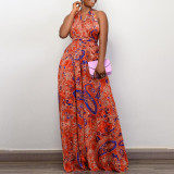 Plus Size Print Halter Backless Jumpsuit  GCZF-8487