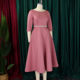 Plus Size Solid Color Half Sleeve Midi Dress(With Belt) GCZF-8600