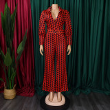 Plus Size Print Bubble Sleeve Tie Jumpsuit GCZF-8559