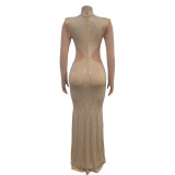 Long Sleeve Mesh Hot Drill Maxi Dress BY-6863
