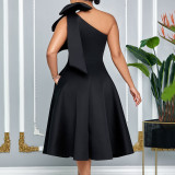 Plus Size Solid Color Slash Shoulder Midi Dress(Without Belt) GCZF-8607