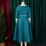 Plus Size Solid Color Half Sleeve Midi Dress(With Belt) GCZF-8600