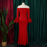 Plus Size One Neck Ruffles Sleeve Split Maxi Dress  GCZF-MG481-C1
