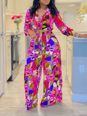Plus Size Lapel Print Shirt Wide Leg Pants Suit GCZF-8597
