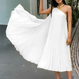 Plus Size Pleated Slash Shoulder Loose Midi Dress GCZF-8552