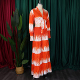 Plus Size Print Long Sleeve Tie Two Piece Pants Set GCZF-8598