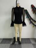 Plus Size Mesh Patchwork Shirt Two Piece Skirts Set NY-10918