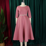 Plus Size Solid Color Half Sleeve Midi Dress(With Belt) GCZF-8600