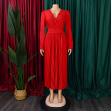 Plus Size V Neck Solid Color Belt Maxi Dress GCZF-8557