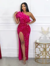 Plus Size Feather Patchwork Sequin Maxi Dress GCZF-8591