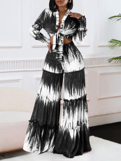 Plus Size Print Long Sleeve Tie Two Piece Pants Set GCZF-8598