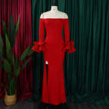 Plus Size One Neck Ruffles Sleeve Split Maxi Dress  GCZF-MG481-C1